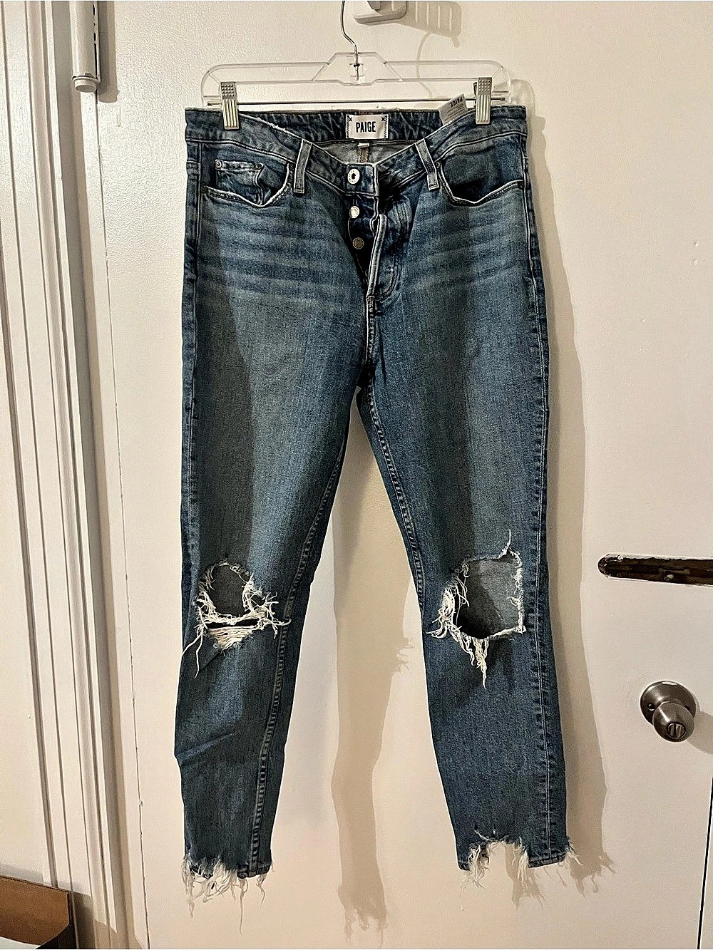Paige Hoxton Ankle Peg Distressed Skinny Jeans in Blue Waist 31